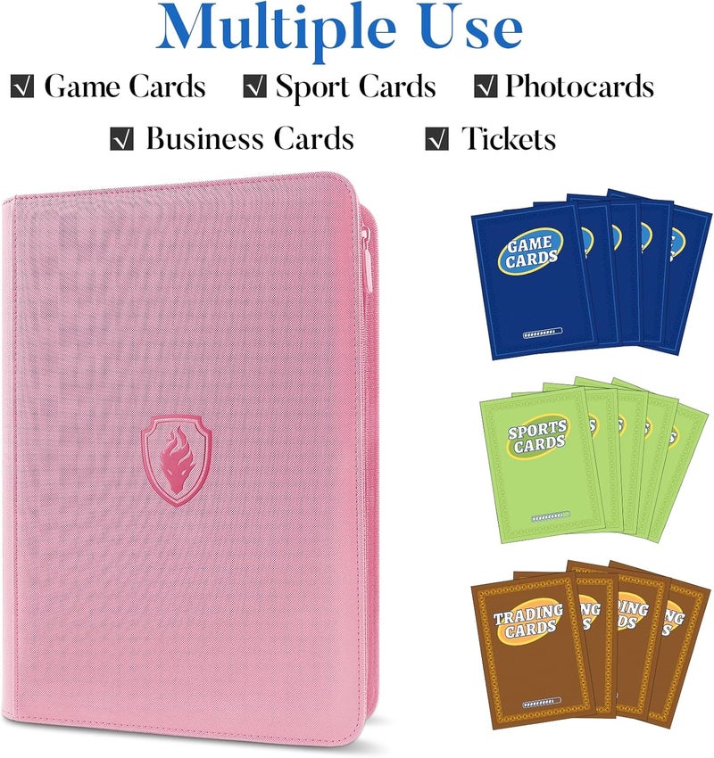 Fabmaker حافظة بطاقات متميزة بسحاب، حافظة بطاقات تجارية بـ 9 جيوب، ألبوم جمع بطاقات بغطاء PU بسحاب، حافظة بطاقات قوية بتحميل جانبي 360 للبطاقات الرياضية والألعاب، وردي - Image 3